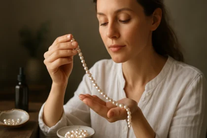 Žena s pestovanými perlami v ruke, prírodná starostlivosť o krásu.