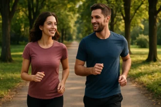 Pár bežiacich na slnečnej ceste v parku.