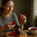 Žena skúma krájanú cviklu na drevenom tanieri.