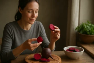 Žena skúma krájanú cviklu na drevenom tanieri.