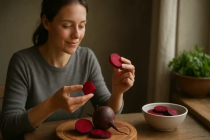 Žena skúma krájanú cviklu na drevenom tanieri.