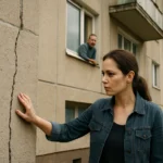 Žena skúma praskliny na sendvičovom panelovom dome.