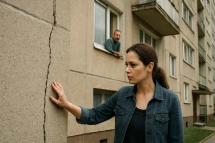 Žena skúma praskliny na sendvičovom panelovom dome.