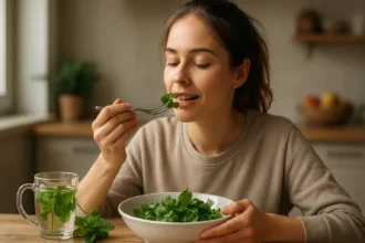 Mladá žena si vychutnáva čerstvú mätu pri jedle.