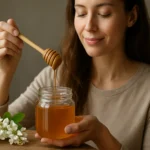 Žena s medom a drevenou lyžičkou, symbol zdravia a prírodného sladidla.