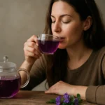 Žena vychutnáva čaj z divokej fialky z čírej kanvice.