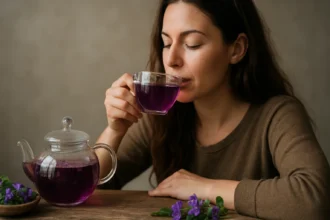 Žena vychutnáva čaj z divokej fialky z čírej kanvice.