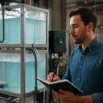 Muž skúma slané vodné batérie v laboratóriu.