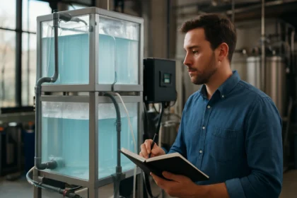 Muž skúma slané vodné batérie v laboratóriu.