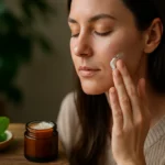 Žena aplikuje aktívny balzam na pokožku tváre pre prírodnú starostlivosť.