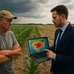 Dvaja muži v poli diskutujú o vplyve El Niña na poľnohospodárstvo.