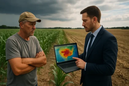 Dvaja muži v poli diskutujú o vplyve El Niña na poľnohospodárstvo.