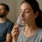 Žena používajúca masku na dýchanie s koncentrátorom oxidu uhličitého.