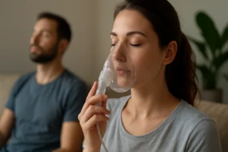 Žena používajúca masku na dýchanie s koncentrátorom oxidu uhličitého.