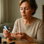 Žena kontroluje hladinu cukru v krvi pomocou glukomera.