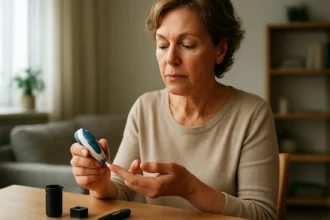 Žena kontroluje hladinu cukru v krvi pomocou glukomera.