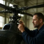 Mechanik kontroluje rotor vrtuľníka v hangári