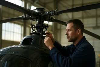 Mechanik kontroluje rotor vrtuľníka v hangári