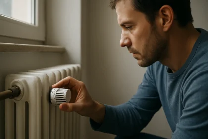 Muž nastavuje termostat na radiátore pre optimálne vykurovanie