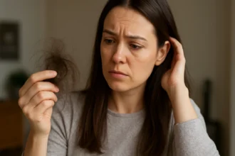 Žena s obavou, drží si vlasy vo forme chumáča, premýšľa o vypadávaní vlasov.