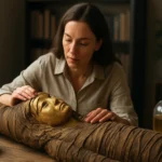 Žena pracuje so zlatým mumio pri stole, obklopená prírodnými produktmi.