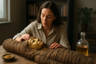 Žena pracuje so zlatým mumio pri stole, obklopená prírodnými produktmi.