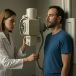 Röntgenové vyšetrenie pacienta s ochrannou olovenou zástera