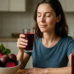 Žena vychutnáva cviklovo-betónový nápoj pri stole.