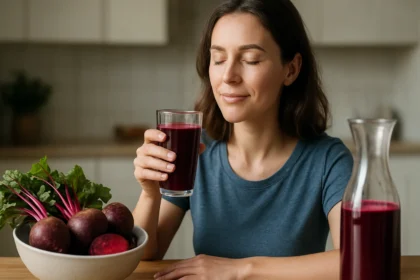 Žena vychutnáva cviklovo-betónový nápoj pri stole.