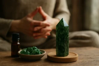 Zelený diopsid minerál, esenciálny olej a kamene na drevenom stole.