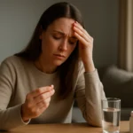 Žena berie liek Mirzaten, vyjadrujúc starosti a únavu.