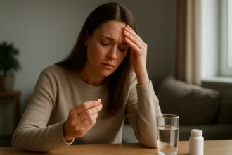 Žena berie liek Mirzaten, vyjadrujúc starosti a únavu.