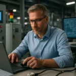 Muž pracujúci na počítači v prostredí priemyselného riadenia