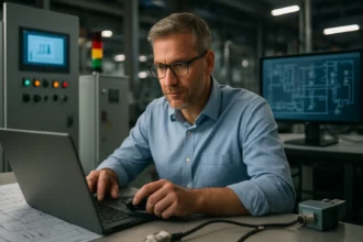 Muž pracujúci na počítači v prostredí priemyselného riadenia