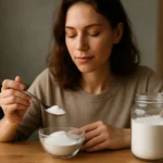 Žena vychutnávajúca inulínový prášok v kúpeľni.