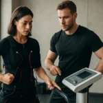 Žena v tréningovom obleku s elektromiostimuláciou, rozpráva sa s trénerom.