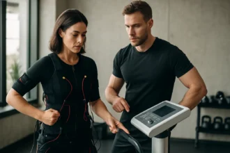 Žena v tréningovom obleku s elektromiostimuláciou, rozpráva sa s trénerom.