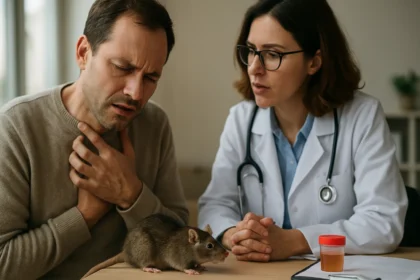 Muž s problémami s dýchaním počas lekárskej konzultácie o jedovateľných účinkoch.