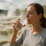 Žena pije liečivú vodu z Egerszalóku v prírodnom prostredí