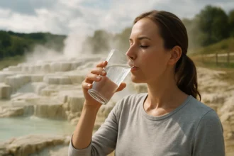 Žena pije liečivú vodu z Egerszalóku v prírodnom prostredí