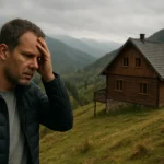 Muži s prejavom frustrácie pred chatou na svahu v prírode.