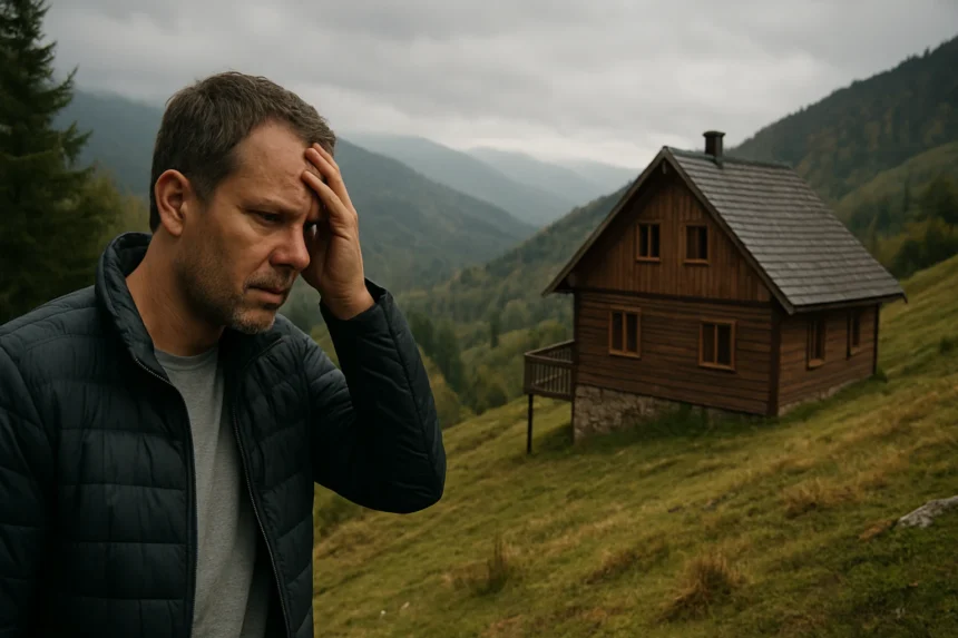 Muži s prejavom frustrácie pred chatou na svahu v prírode.