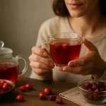 Žena drží šípkový čaj s bobuľami, vedľa je čajník a miska s šípkami.