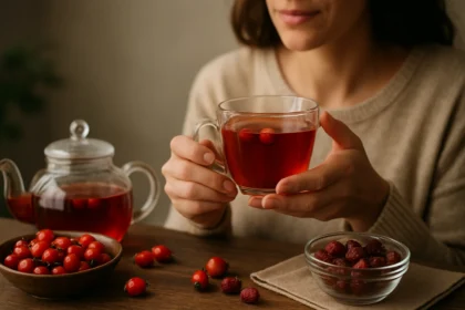 Žena drží šípkový čaj s bobuľami, vedľa je čajník a miska s šípkami.