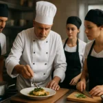 Kuchár pripravuje jedlo za pomoci študentov v kuchárskej triede.