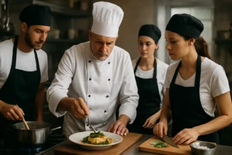 Kuchár pripravuje jedlo za pomoci študentov v kuchárskej triede.