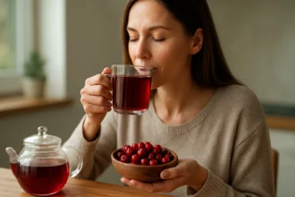 Žena popíjajúca čaj z brusnice močiarnej s misou bobúľ