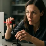 Žena testuje fotoelektrický senzor s červeným laserom na detekciu objektov.