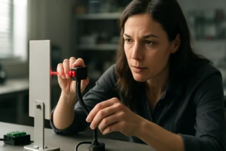 Žena testuje fotoelektrický senzor s červeným laserom na detekciu objektov.