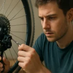 Muž opravuje kolieskový prevodový systém na bicykli.